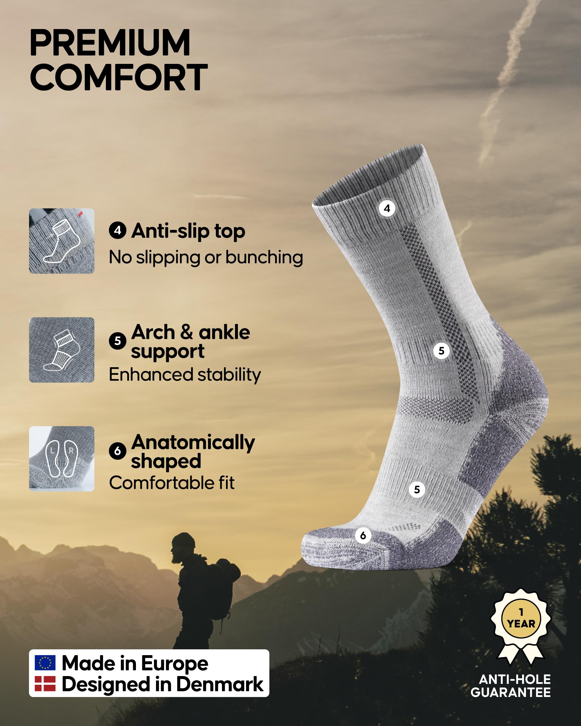 DANISH ENDURANCE Hiking Socks, Merino Wool Socks, Anti Blister, Thermal, for Men & Women, 1-Pack - Image 3