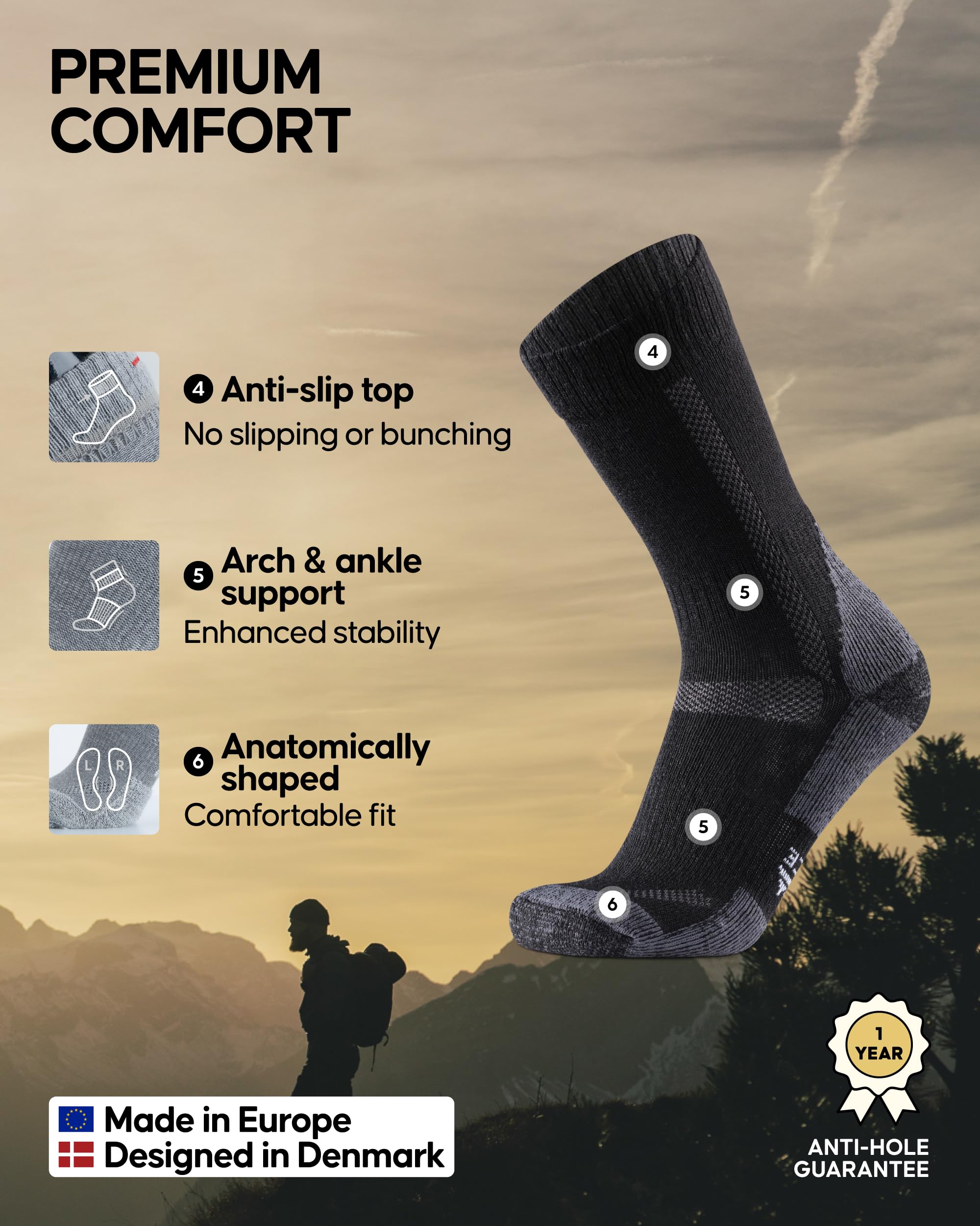 DANISH ENDURANCE Merino Wool Hiking Socks for Men & Women, Breathable, Anti-Blister Socks for Outdoors, 3 or 5-Pack - Image 3